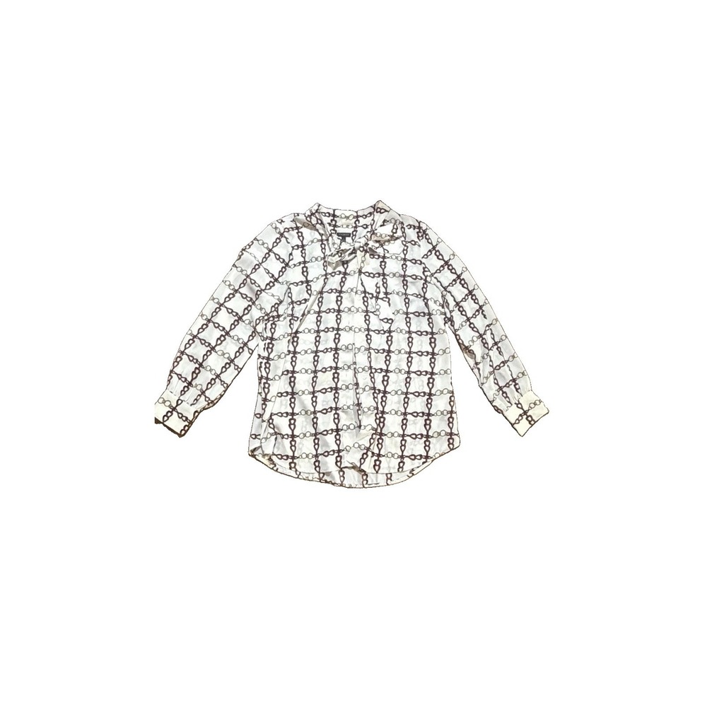 TALBOTS Womens L Chain Print Button Up Blouse Shirt Long Sleeve Tie Neck